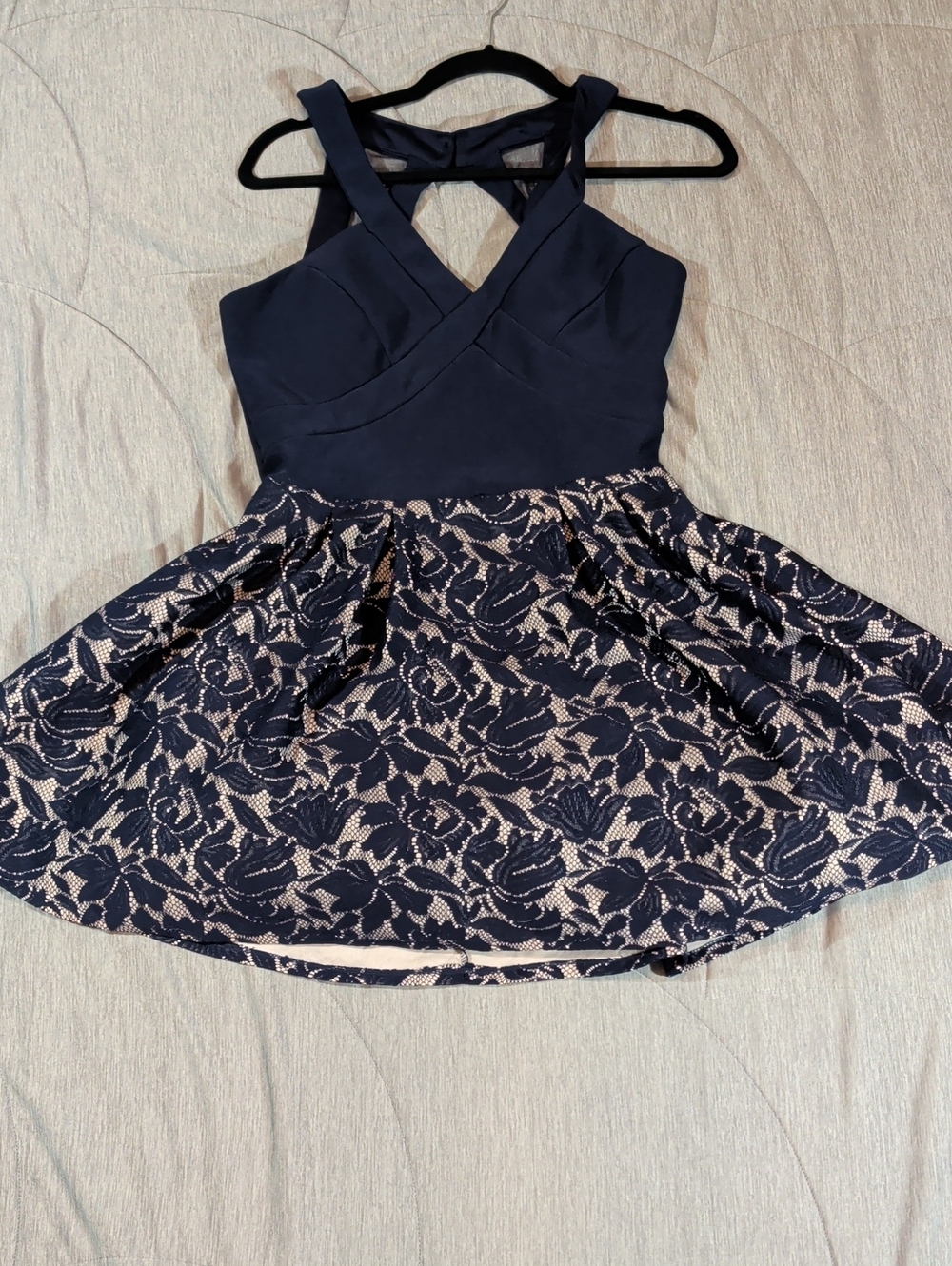 Crystal Doll Navy & Ivory Lace-Trim Fit-and-Flare Formal Dress